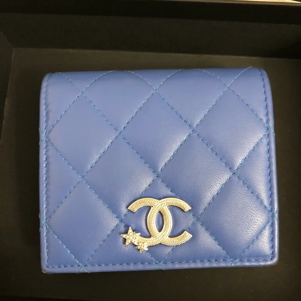 Chanel lambskin leather blue bifold wallet